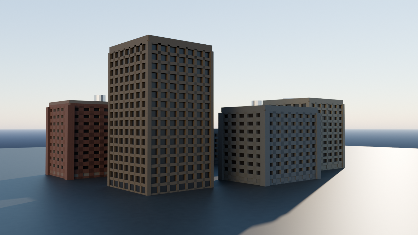Seven-building downtown block at golden hour, rendered in Blender